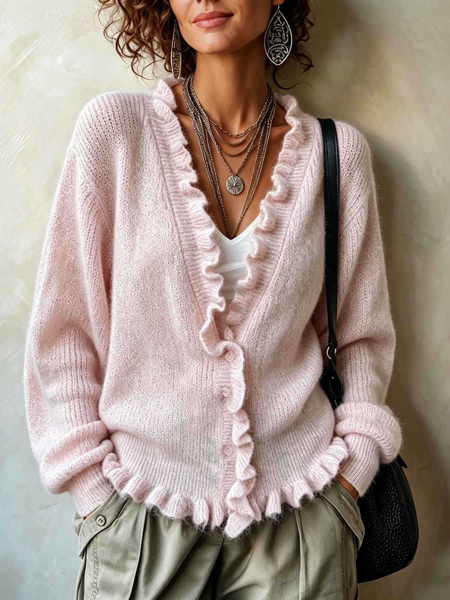 Cozy Soft Ruffled Trim Wool Blend Cardigan