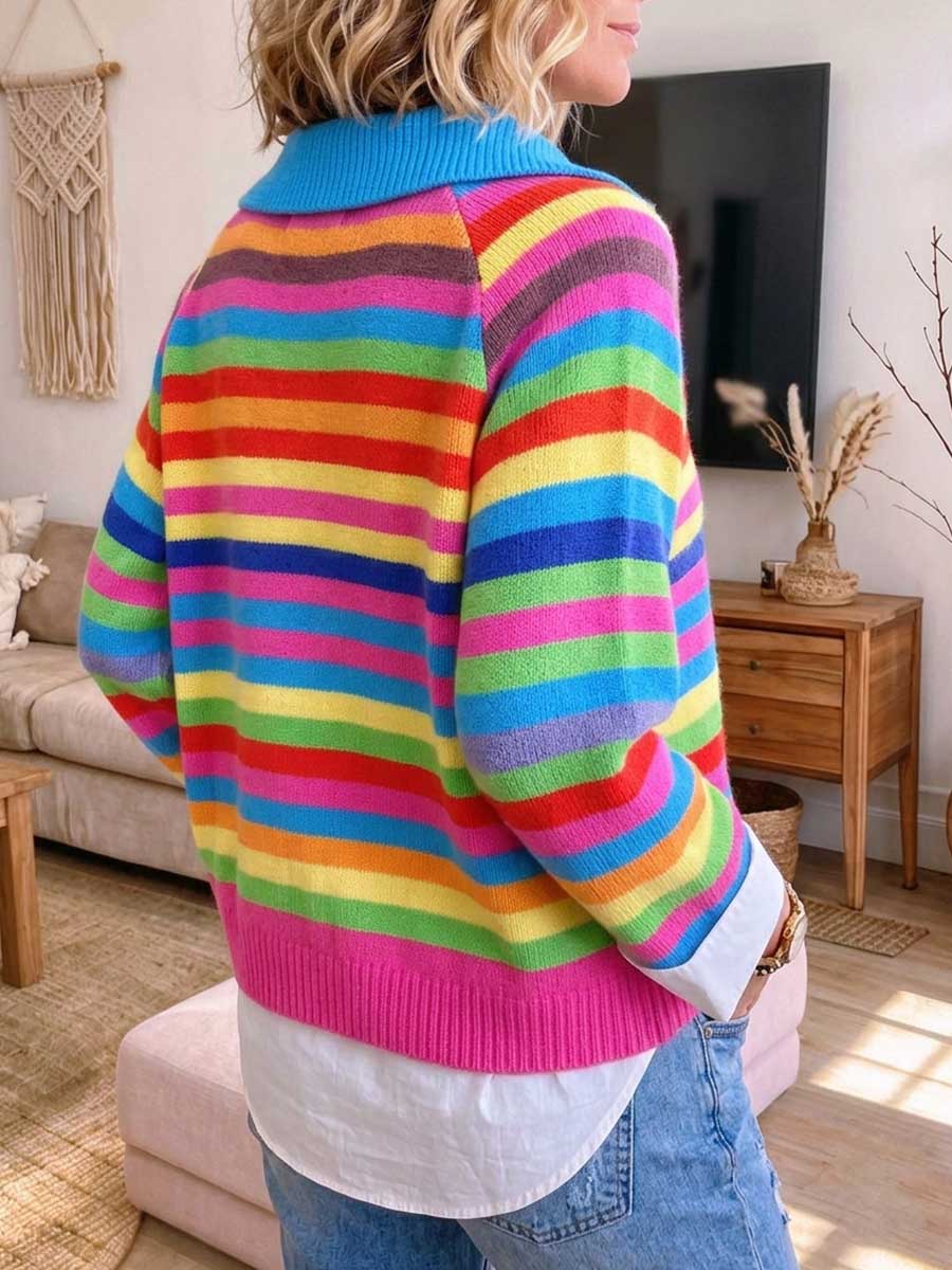 Maglione polo da donna con scollo a V a righe arcobaleno colorato