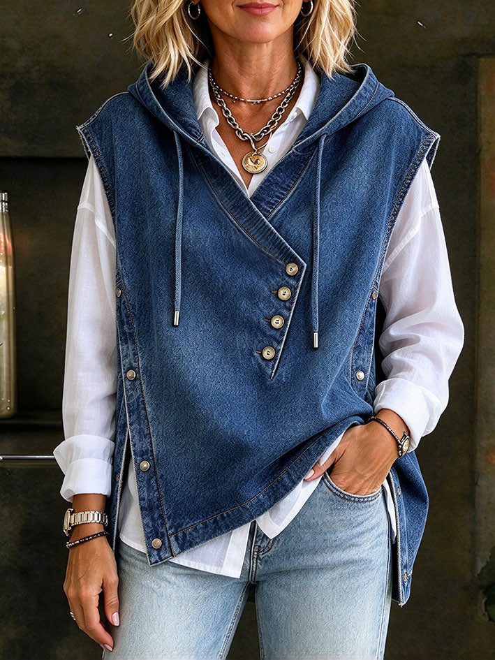 Eleganta Casual Nesimetria Butono Kolo Denim Kapuĉita