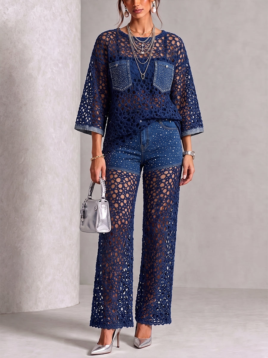 Chic Denim-Inspired Crochet Two-Piece Set