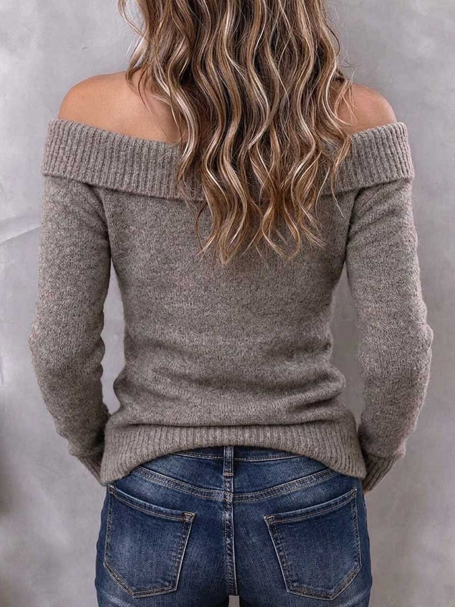 Suéter de punto con detalle de botones y hombros descubiertos color topo para mujer