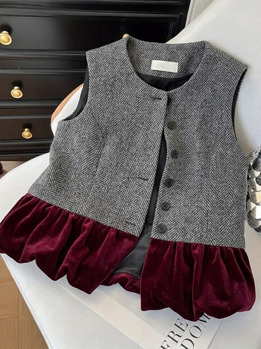 Gilet Patchwork dallo stile vintage in velluto e misto lana spinato con dettaglio volant