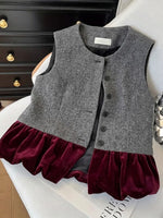 Gilet Patchwork dallo stile vintage in velluto e misto lana spinato con dettaglio volant