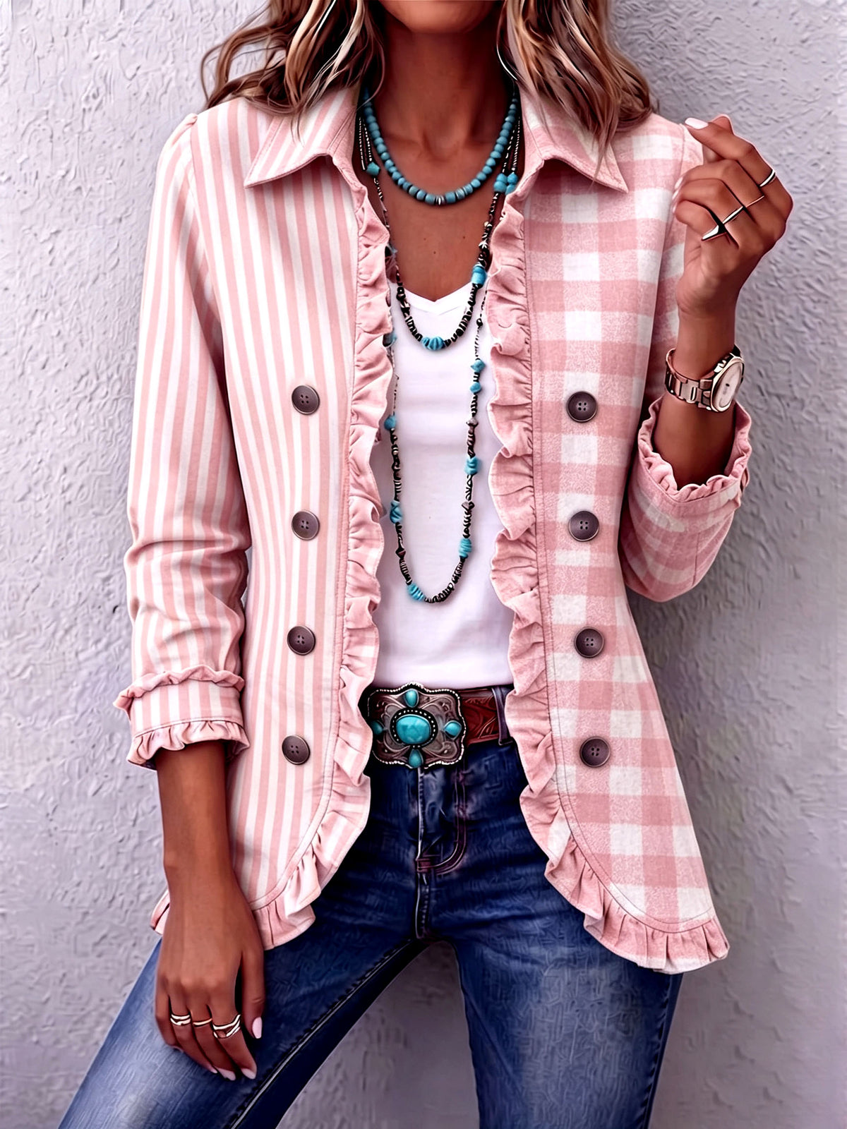 Chic Vintage Plaid Striped Ruffle Jacket