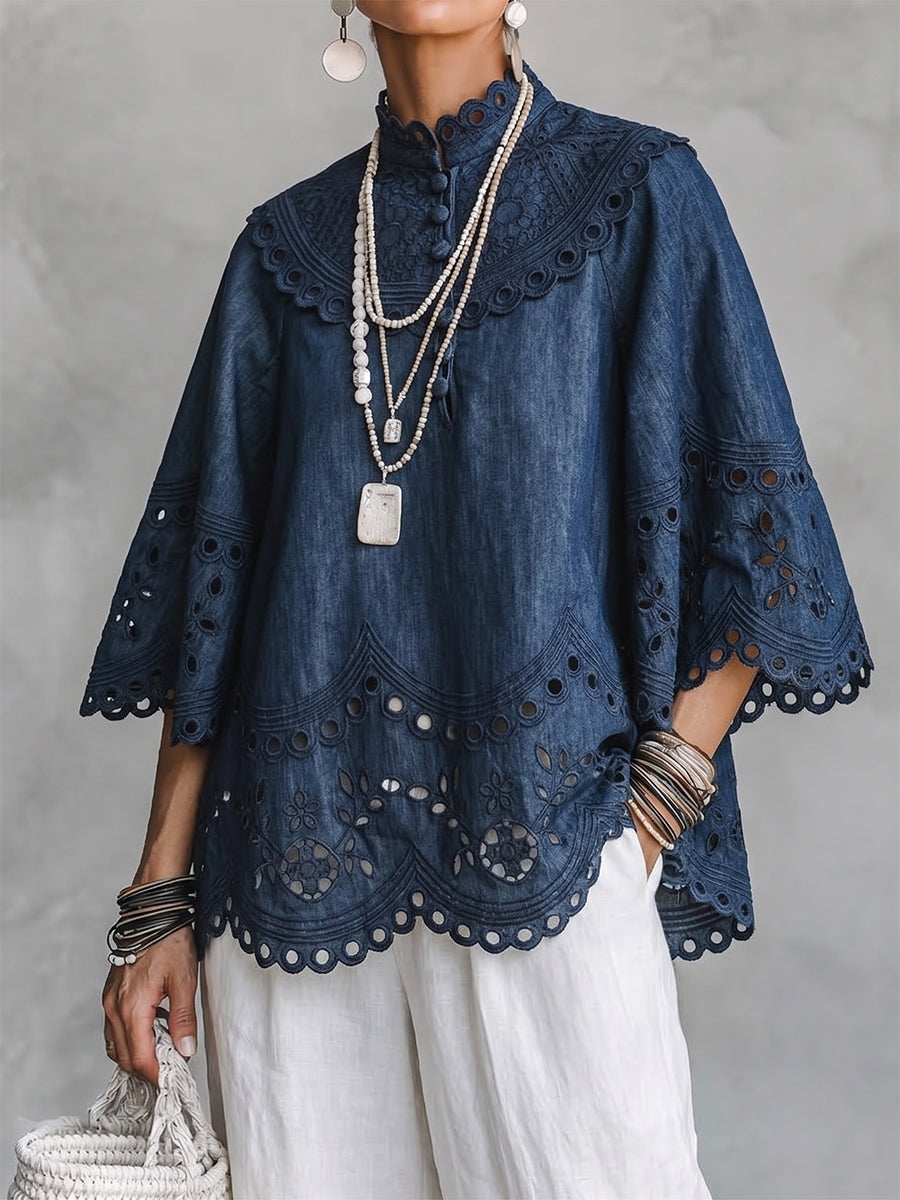 Boho Brodita Okuleta Denim Bluzo