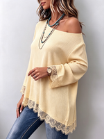 Cozy Creamy Yellow Off-shoulder Lace-trimmed Soft Knit Sweater