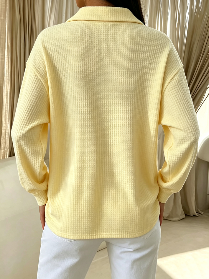 Chic Fall Casual Cozy Yellow Waffle Knit Collared Pullover Top