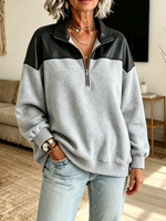 Casual Zipper Stand Collar Faux Leather Paneling Hoodie