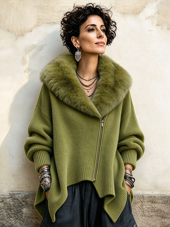 Lässiger, asymmetrischer Strickmantel mit Kunstpelzkragen