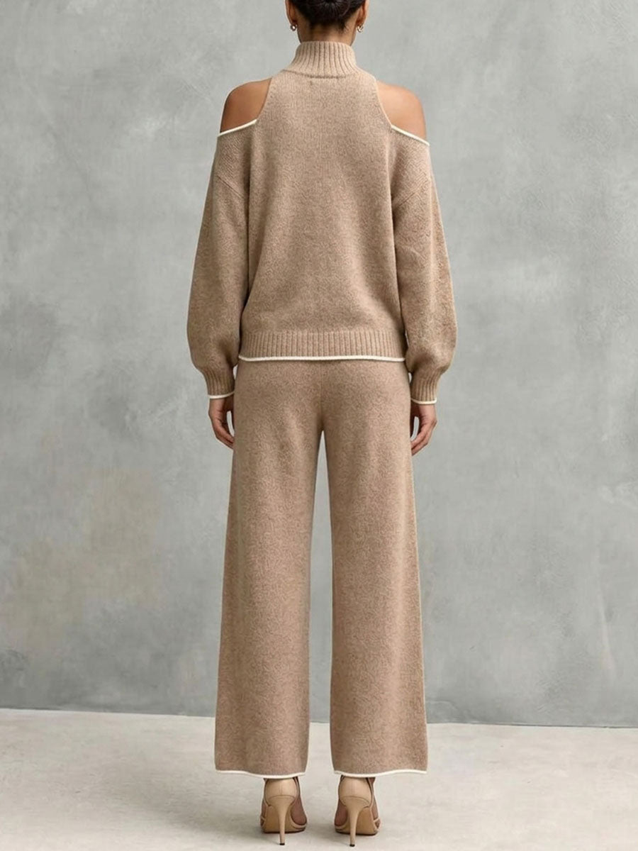 Set maglione lavorato a maglia a collo alto con spalle scoperte e pantaloni a gamba larga
