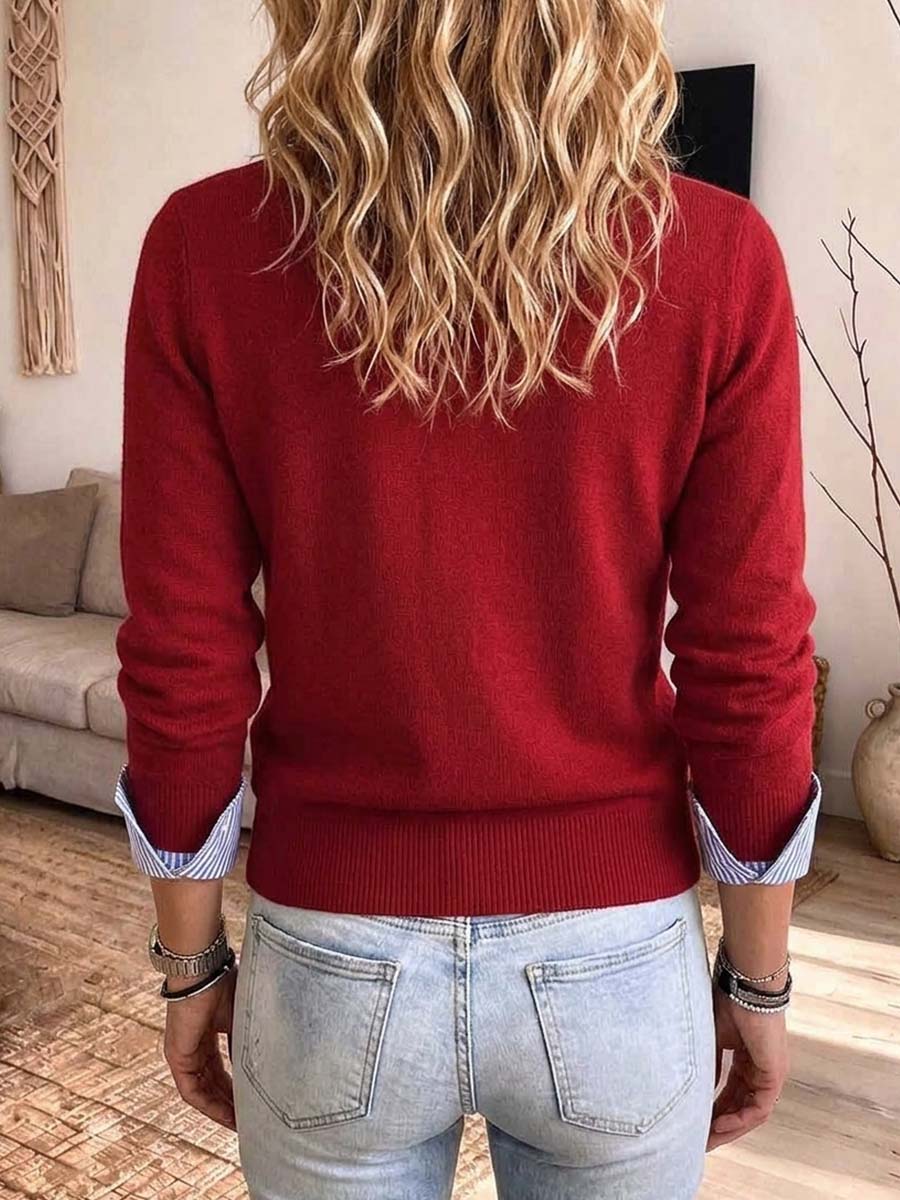 Women's Faux Two-piece Red Knit Cardigan With Striped Shirt Collar