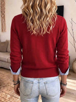 Women's Faux Two-piece Red Knit Cardigan With Striped Shirt Collar