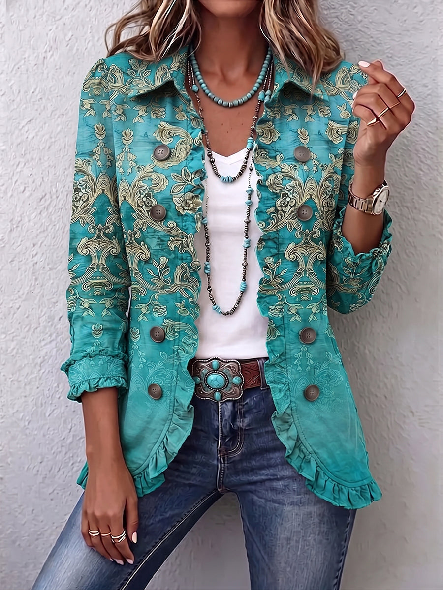 Vintage Damask Print Cotton Linen Ruffled Jacket
