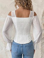 Elegant Off-shoulder Floral Jacquard Shirt – Square Neck, Long Sleeve