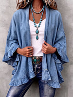 Chic Boho Denim Ruffle Trim Cardigan