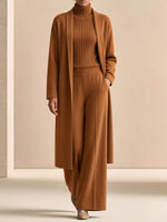 Women's 3-piece Knit Lounge Set: Cardigan, Ribbed Top, And Wide-leg Pants
