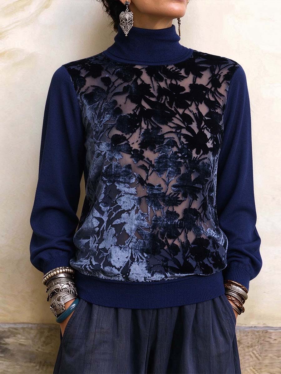 Eleganter marineblauer Rollkragenpullover mit transparentem, floralem Samteinsatz