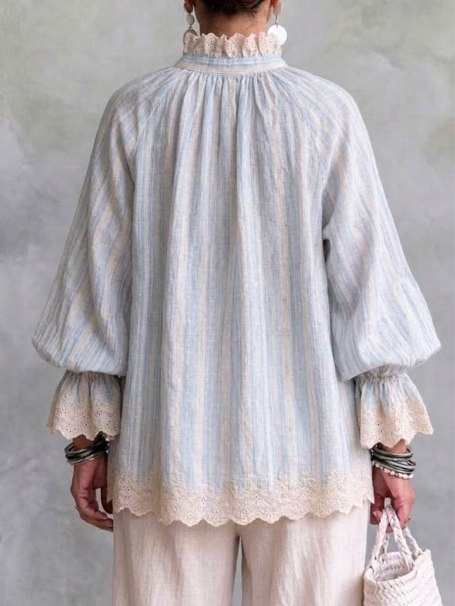 Camisa De Lino De Rayas Verticales Con Cuello Alto Con Adornos De Encaje