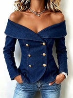 Chic Off-Shoulder Double-Breasted Denim Top