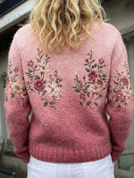 Gradient Floral Crew-neck Button-front Knit Cardigan