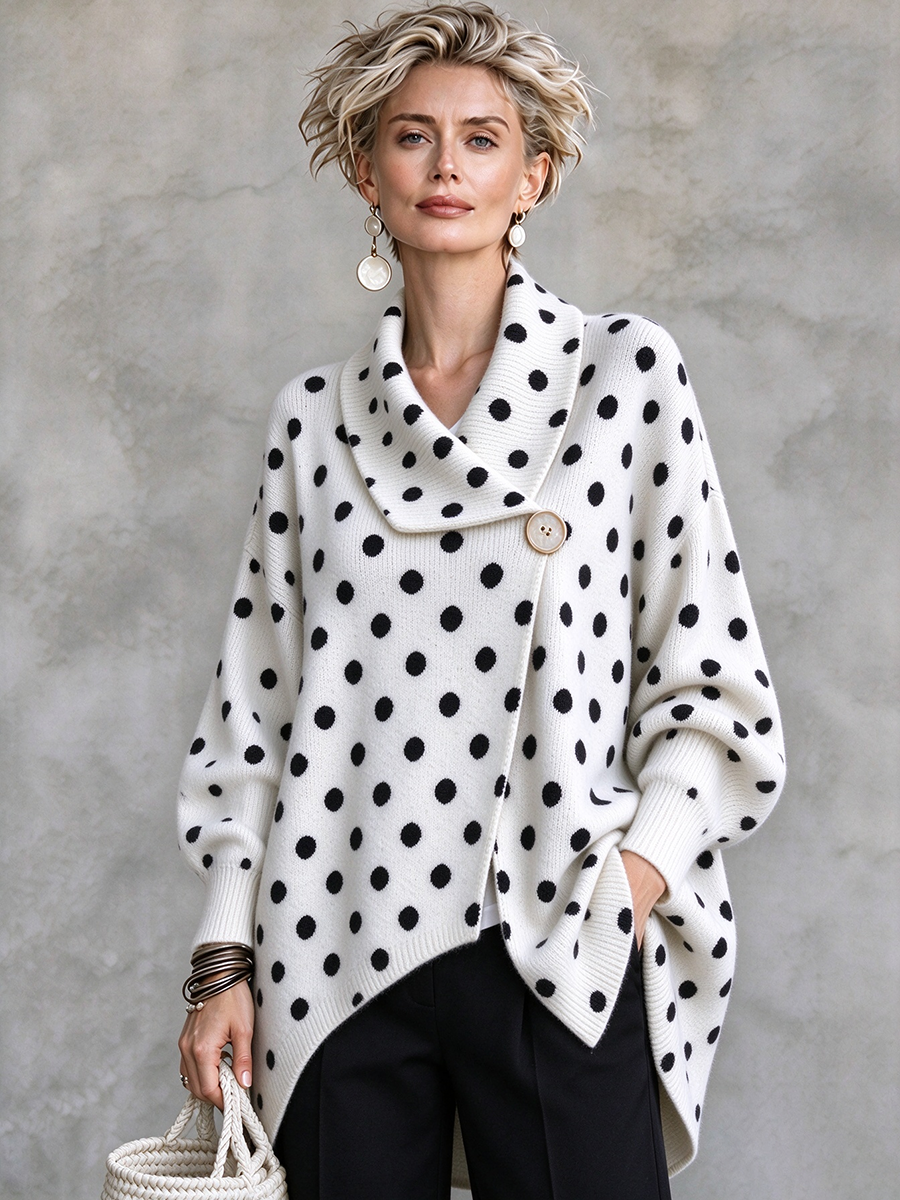 Maglione cardigan in maglia asimmetrica oversize a pois