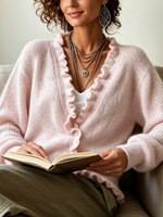 Cozy Soft Ruffled Trim Wool Blend Cardigan