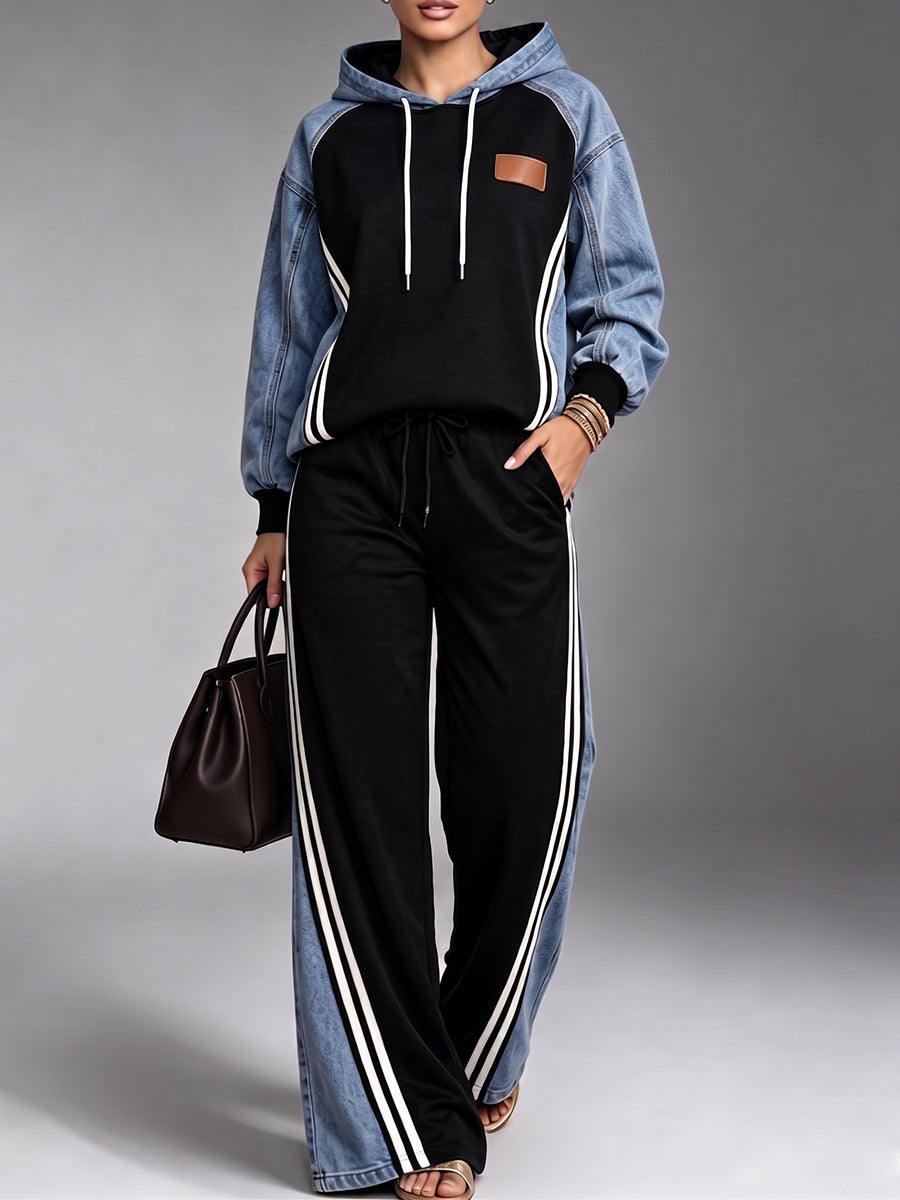 Chic Denim-Splice Sporty Tracksuit Set