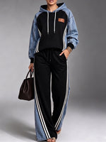 Chic Denim-Splice Sporty Tracksuit Set
