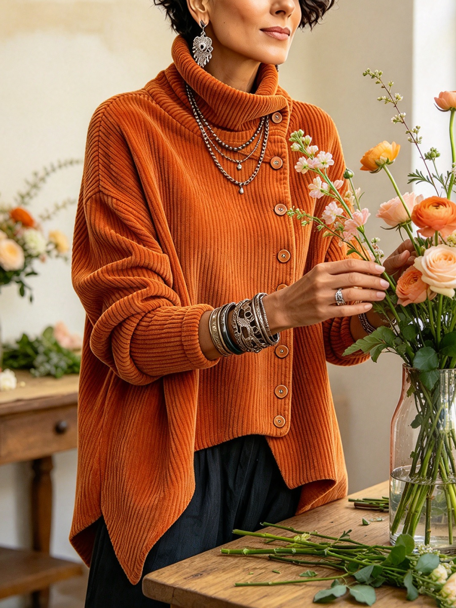 Ŝika Malsimetria Buton-supren Kolumo Corduroy Top