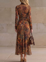 Women's Retro Print Stand Collar Long Sleeve Casual Loose Stretch Mesh Dress