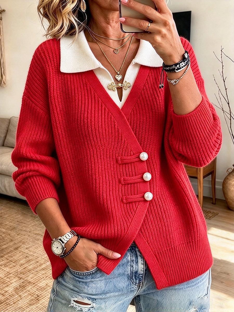 Top de punto elegante y refinado con cuello de color en contraste y cierres de botones de estilo tradicional chino (pankou)