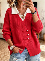 Top de punto elegante y refinado con cuello de color en contraste y cierres de botones de estilo tradicional chino (pankou)