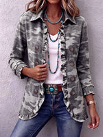 Casual Chic Camouflage Ruffle Trim Jacket