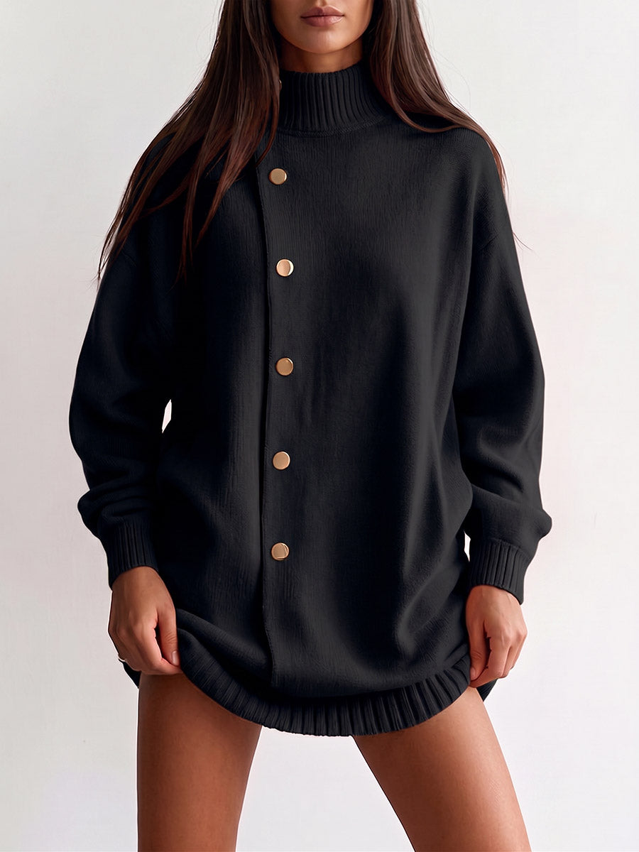 Women's Solid Color Stand Collar Long Sleeve Casual Loose Knit Sweater