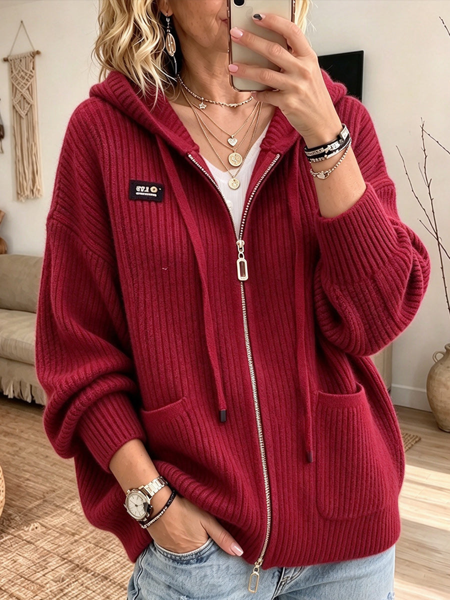 Cozy And Casual Ribbed Knit Zip-up Hooded Cardigan