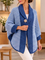 Women's Long-sleeve Color-block Knit Cardigan With Lapel (brooch Not Included)
