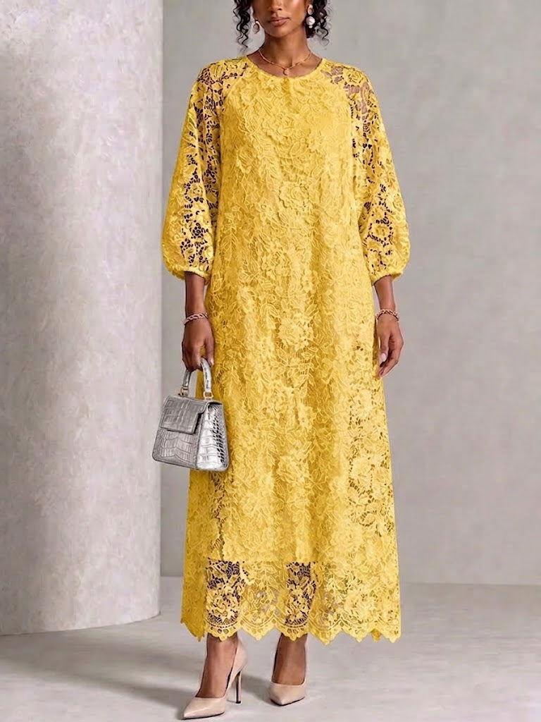 Round‑neck Raglan Lantern‑sleeve Lace Maxi Dress