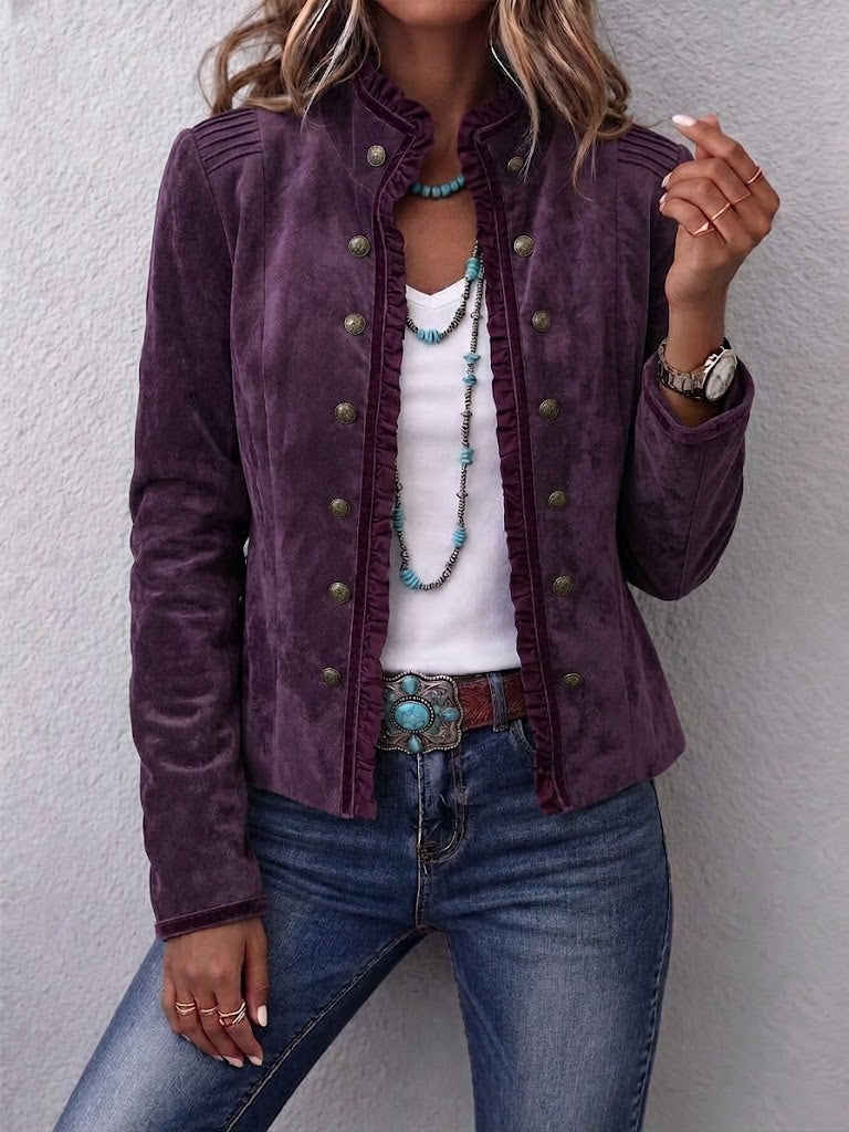 Chaqueta vaquera de ante sintético de inspiración vintage con ribete de volantes