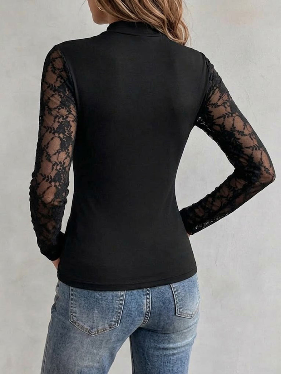 Mock-neck Long-sleeve Fitted Base-layer Top With Cutout Lace Detailing