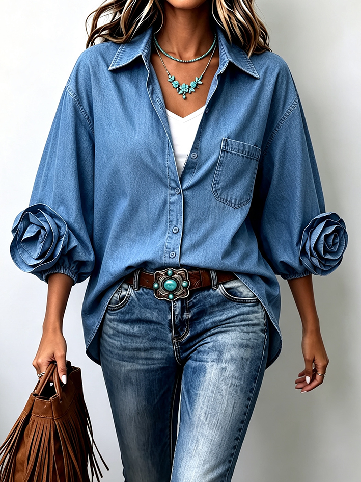 Chic Casual 3d Rose Flower Denim Shirt