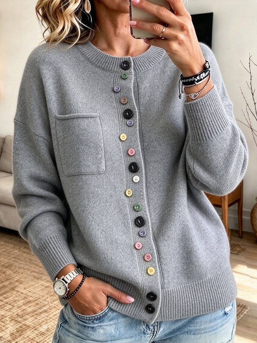 Gemütlicher, lässiger, mehrfarbiger Strick-Cardigan mit Knöpfen