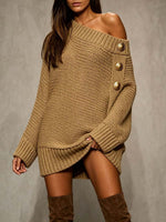 Women's Solid Color Asymmetric Off-shoulder Long-sleeve Casual Loose Knit Dress