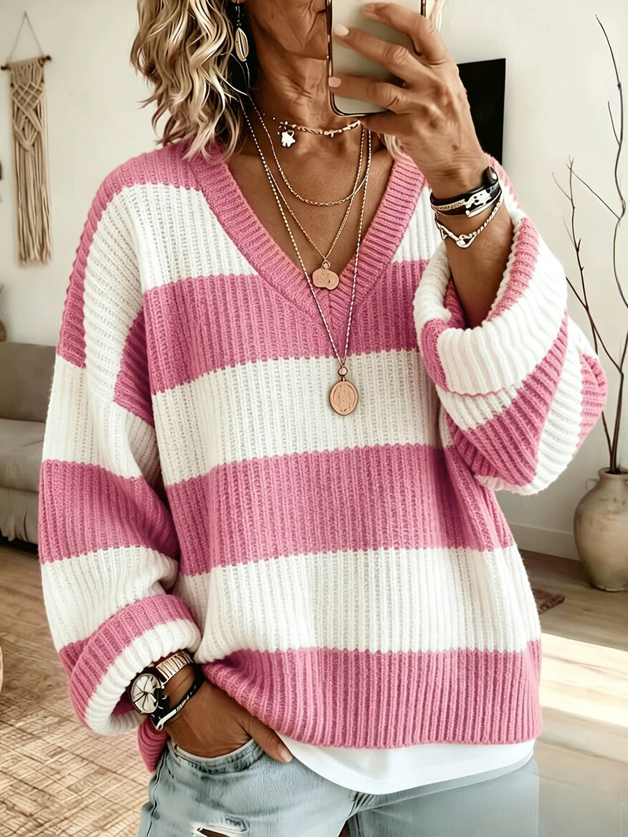 Acogedor jersey de punto con cuello en V a rayas