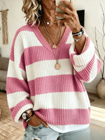 Acogedor jersey de punto con cuello en V a rayas