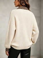 Casual And Comfortable Ribbed Knit Top With Leopard-print Collar Paneling