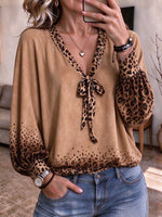 Women's V-neck Leopard Print Spliced Long Sleeve Blouse
