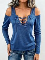Elegante top in maglia con lacci con spalle scoperte e scintillanti