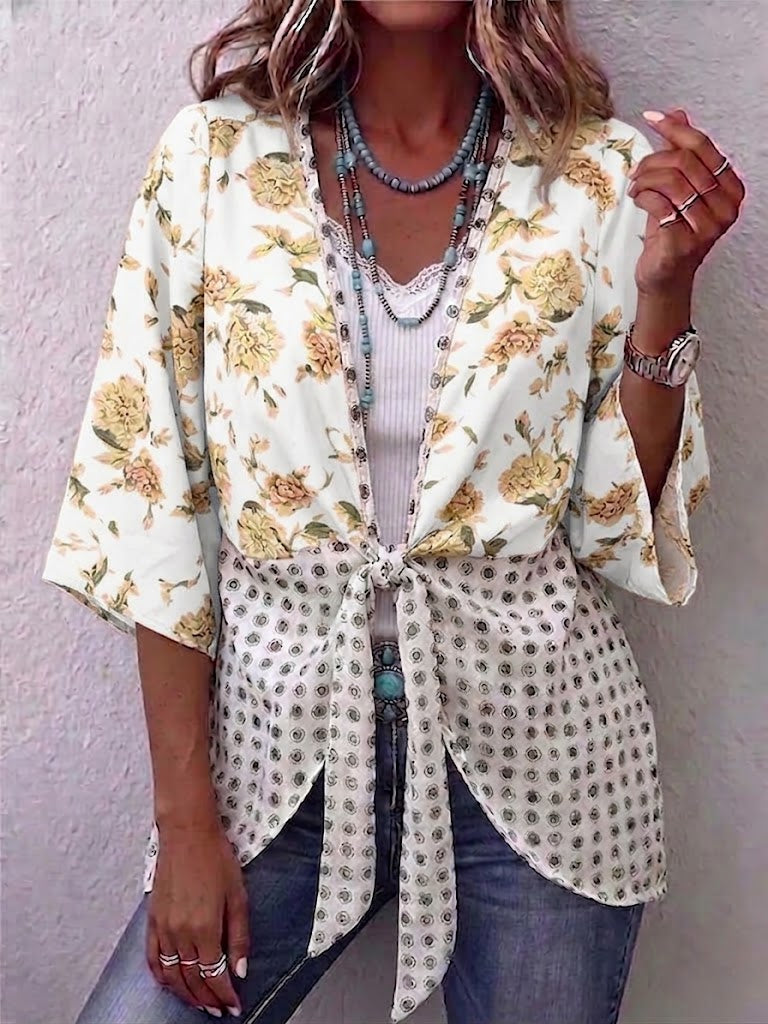 Floral & Dot Spliced V-neck Tie Front 3/4 Sleeve Blouse
