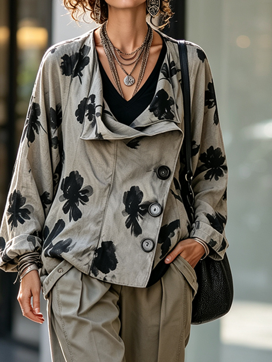 Artistic Floral Pattern Oversized Asymmetrical Jackets