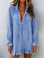 Chic Ruffled Blue Gingham Smock Dress